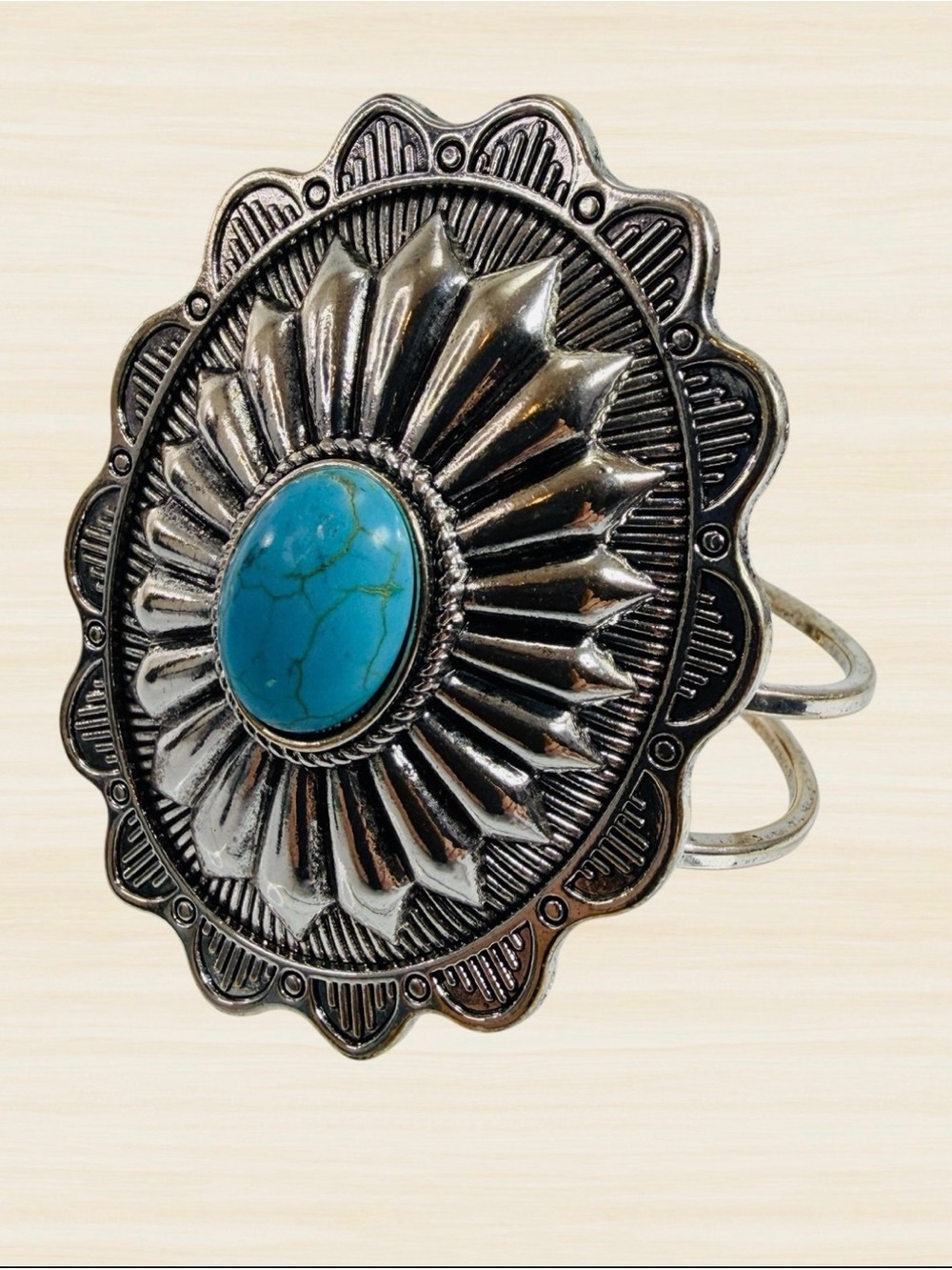 Faux Turquoise Silver Tone Bangle Bracelet Hinged Southwest Bohemian Sunburst